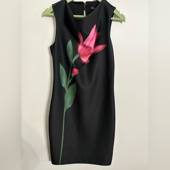 Halston Heritage Black Midi Sheath Dress with Pink Floral Detail NWOT SIZE 6 - Picture 7 of 8